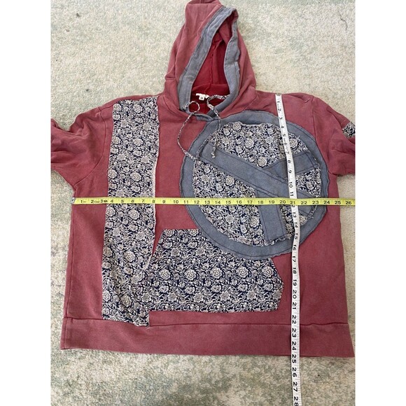 POL Hoodie Size M - Red Blue Hippie Peace Patchwork Distressed Fall Earthy Tones - Picture 4 of 6
